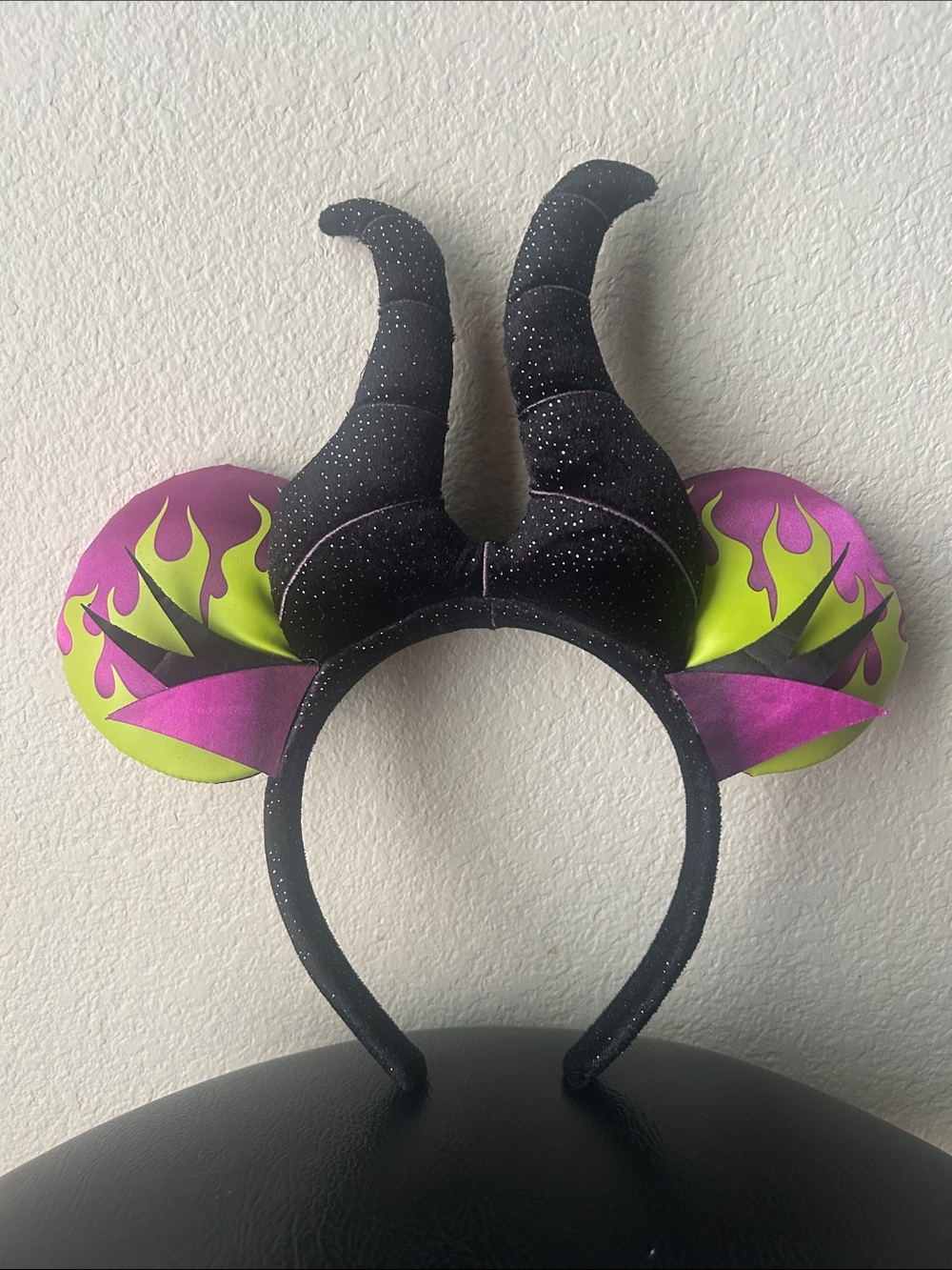 Disney Black Horn Headband with Neon Purple and Lime Flame Ears